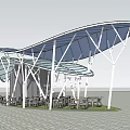 Modern Landscape Pavilion With Blue Transparent Roof White Supporting Structure And Outdoor Seating Area
