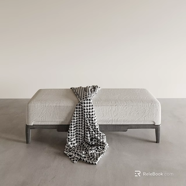 Light Gray Textured Bench With Dark Legs And Houndstooth Blanket In Modern Interior 3d model 