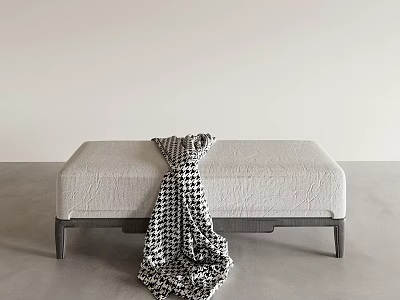 Light Gray Textured Bench With Dark Legs And Houndstooth Blanket In Modern Interior 3d model