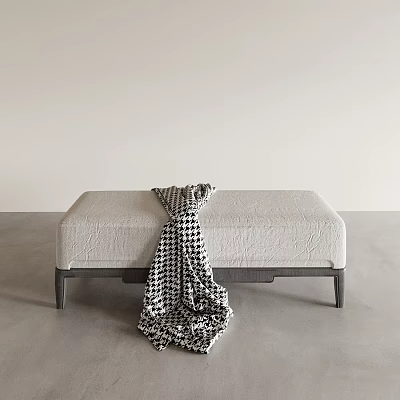 Light Gray Textured Bench With Dark Legs And Houndstooth Blanket In Modern Interior 3d model