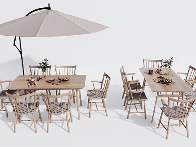 Outdoor Wooden Dining Table And Chairs Set With Umbrella And Green Plants 3d model