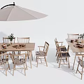 Outdoor Wooden Dining Table And Chairs Set With Umbrella And Green Plants