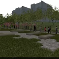 Scenic Park Landscape With Green Trees Pink Flowers And Walking People On Pathways