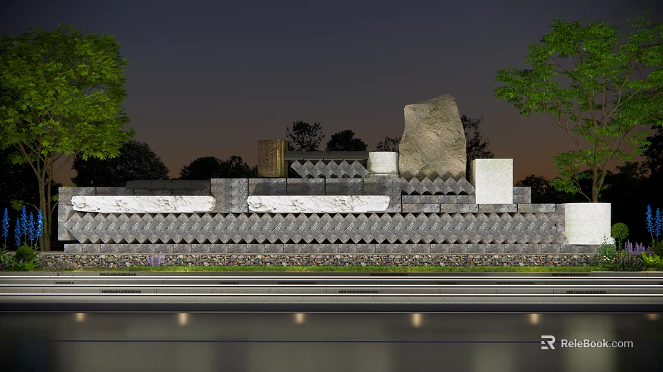 Modern Garden Wall Design With Stone Tile Patterns Green Plants And Evening Lighting 3d model 