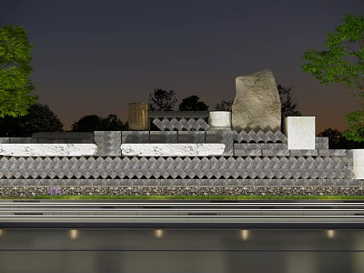 Modern Garden Wall Design With Stone Tile Patterns Green Plants And Evening Lighting 3d model