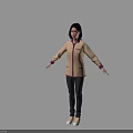 Woman Wearing Beige Jacket With Purple Trim Black Pants And White Shoes Standing Arms Outstretched