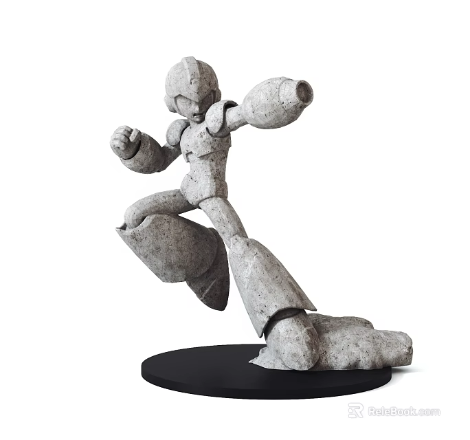 Robot Mecha Sculpture in Dynamic Jumping Pose Crafted with Stone Texture on Black Circular Base 3d model 