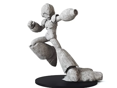 Robot Mecha Sculpture in Dynamic Jumping Pose Crafted with Stone Texture on Black Circular Base 3d model
