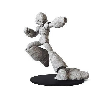 Robot Mecha Sculpture in Dynamic Jumping Pose Crafted with Stone Texture on Black Circular Base 3d model