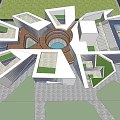 Modern Museum Building with Geometric Architectural Design and Purple Flower Gardens