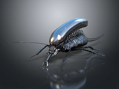 Metallic Black Flying Beetle With Smooth Shiny Reflective Surface Long Antennae And Legs Dark Background 3d model