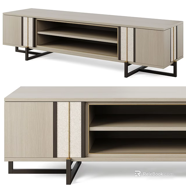 Modern Wooden TV Stand With Open Storage Shelves And Metal Legs 3d model 
