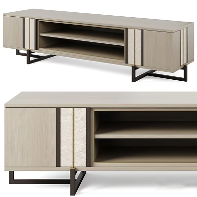 Modern Wooden TV Stand With Open Storage Shelves And Metal Legs 3d model