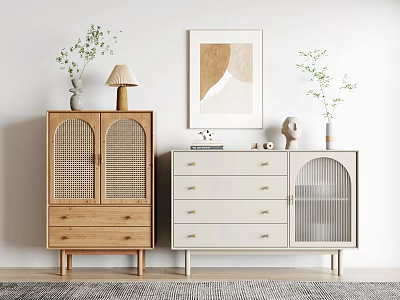 Modern Entryway Cabinet And Side Cabinet With Wooden Rattan Door White Drawers In Living Room 3d model