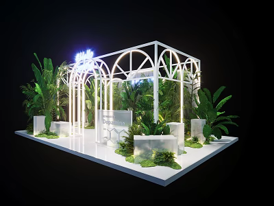 Floral Installation Featuring White Arched Frame Green Foliage Palm Leaves And Mossy Base 3d model