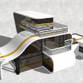 Modern Multi Level Building Design Featuring Curved White Yellow Accents And Large Glass Windows