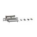 Modern Double Bed Design With Two Tone Bedding And Wooden Side Stools