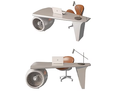 Modern Creative Desk Design With Laptop Lamp Brown Chair And Turbine Base 3d model