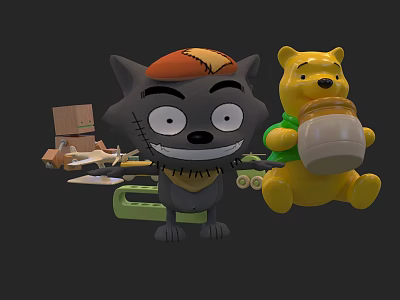 Gray Wolf Plush Toy and Yellow Bear Doll with Honey Jar and Toy Parts 3d model