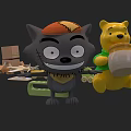 Gray Wolf Plush Toy and Yellow Bear Doll with Honey Jar and Toy Parts