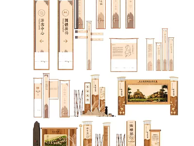 Traditional Wooden Signage For Scenic Area Featuring Directional Boards And Informational Pillars 3d model