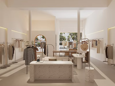 Minimalist Clothing Store Interior With Clothing Racks Display Tables And Natural Light 3d model
