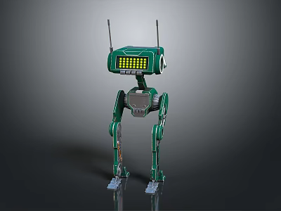Green Humanoid Robot Featuring Two Antennas And Yellow Grid Display With Long Legs 3d model
