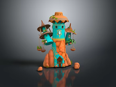 Cartoon Style Tower Scene With Blue Orange Colors Small Spires Green Plants And Stone Base 3d model