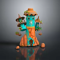 Cartoon Style Tower Scene With Blue Orange Colors Small Spires Green Plants And Stone Base