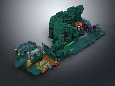 Enchanting Fantasy 3D Scene With Green Rocky Terrain Bridge Glowing Elements And Decorative Symbols 3d model