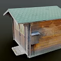 Wooden Cabin Exterior With Green Roof Wooden Door Double Windows And Small Steps