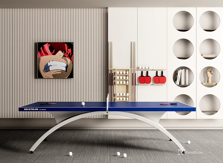 Blue Table Tennis Table With White Frame And Ping Pong Balls In Modern Indoor Setting 3d model 