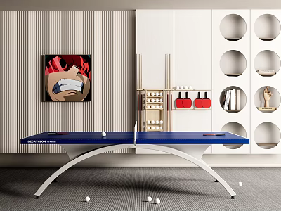 Blue Table Tennis Table With White Frame And Ping Pong Balls In Modern Indoor Setting 3d model
