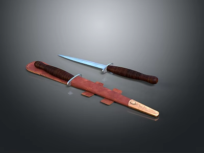 Tactical Knife With Sharp Metal Blade Brown Wooden Handle Brown Leather Sheath And Metal Buckle 3d model