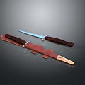 Tactical Knife With Sharp Metal Blade Brown Wooden Handle Brown Leather Sheath And Metal Buckle