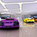 Modern Luxury Car Showroom Interior With Purple Yellow And Orange Sports Cars