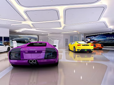 Modern Luxury Car Showroom Interior With Purple Yellow And Orange Sports Cars 3d model
