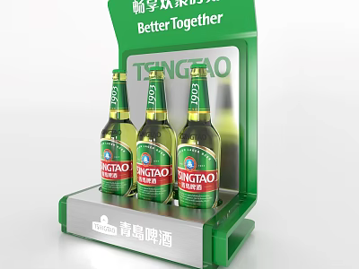 Tsingtao Beer Bottles And Beer Glasses On Green Display Shelf With Better Together 3d model