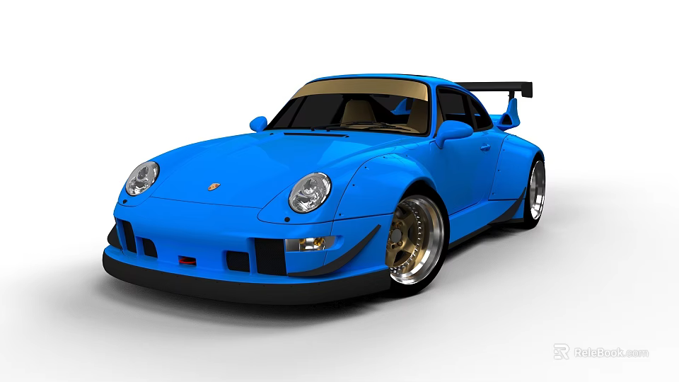 Blue Wide Body Sports Car With Rear Wing And Shiny Alloy Wheels 3d model 
