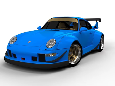 Blue Wide Body Sports Car With Rear Wing And Shiny Alloy Wheels 3d model