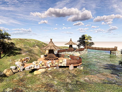 Scenic Road Facilities With Wooden Bridge Thatched Pavilions And Stone Structures By Water 3d model