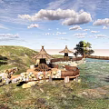 Scenic Road Facilities With Wooden Bridge Thatched Pavilions And Stone Structures By Water
