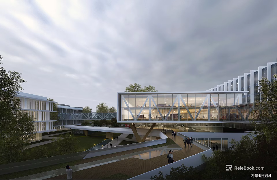 Modern Industrial Park Featuring Glass Curtain Walls Connected Buildings And Greenery 3d model 