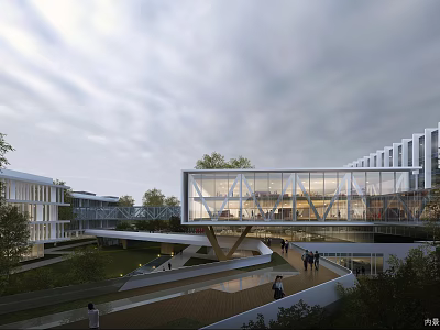 Modern Industrial Park Featuring Glass Curtain Walls Connected Buildings And Greenery 3d model