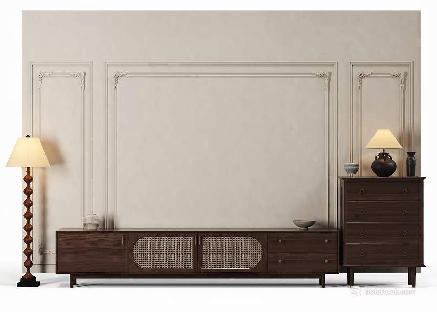 Beige Background Wall With Decorative Trim Wooden TV Stand Rattan Doors And Table Lamp 3d model 