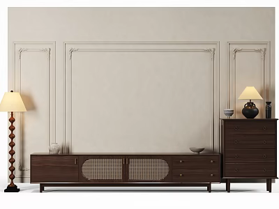 Beige Background Wall With Decorative Trim Wooden TV Stand Rattan Doors And Table Lamp 3d model