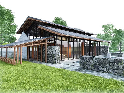 Traditional Modern Guesthouse Building Featuring Tiled Roof Large Glass Windows Stone Walls And Green Lawn 3d model