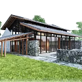 Traditional Modern Guesthouse Building Featuring Tiled Roof Large Glass Windows Stone Walls And Green Lawn