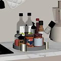 Condiment Bottles Organized On Rotating Tray With Various Seasonings In Modern Kitchen