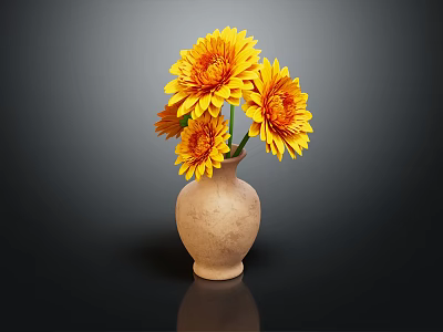Terracotta Vase With Yellow And Orange Daisies On Black Surface With Dark Background Reflection 3d model
